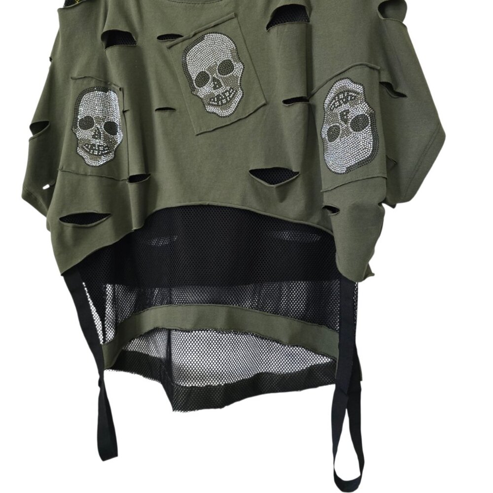 Ré Design Army Green & Black Grunge Goth Mesh Shirt w/ Rhinestone Skulls Size M - Picture 4 of 6